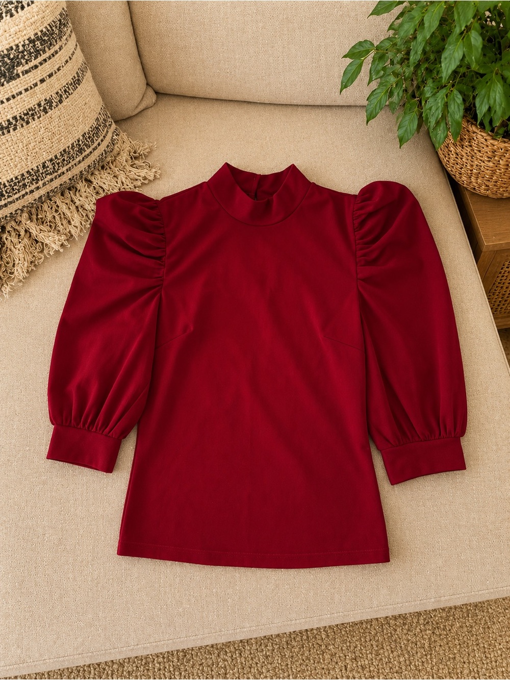 SHEIN Red Mock Neck Puff Sleeve Blouse Top Size S NWOT